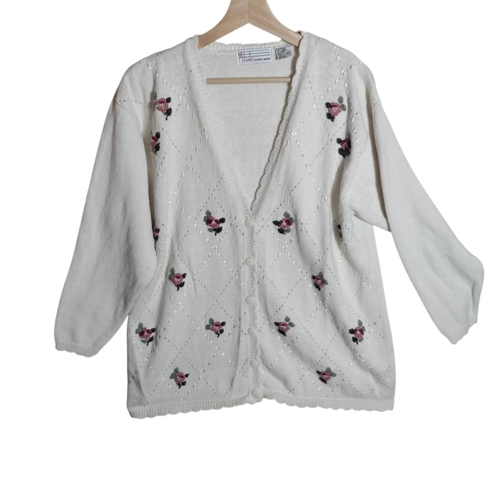 VTG Milano‎ Design Group Floral Embroidered Button Front Cardigan Cottagecore L